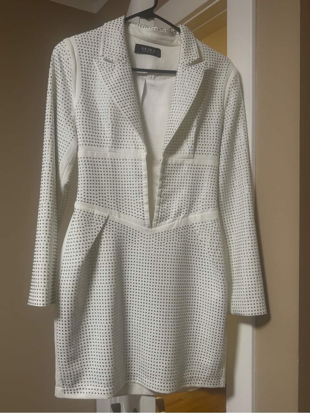 AKIRA White Perforated Long-Sleeve Fit & Flare Dress